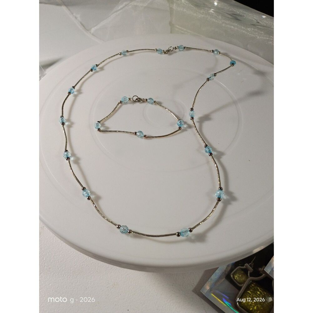 Light Blue Beaded Necklace and Bracelet Set, Handcrafted Liquid Silver Jewelry